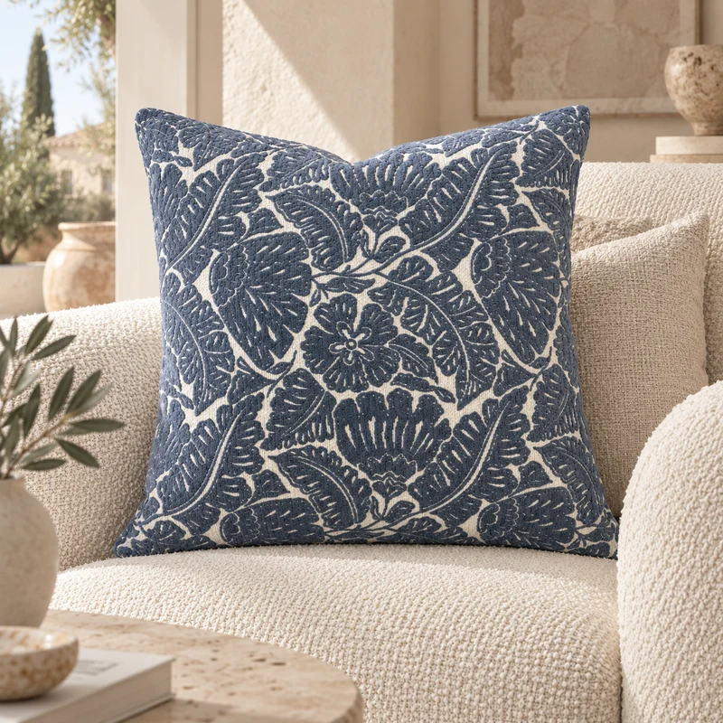 Coussin décoratif à motif floral bleu et écru – Java 50x50