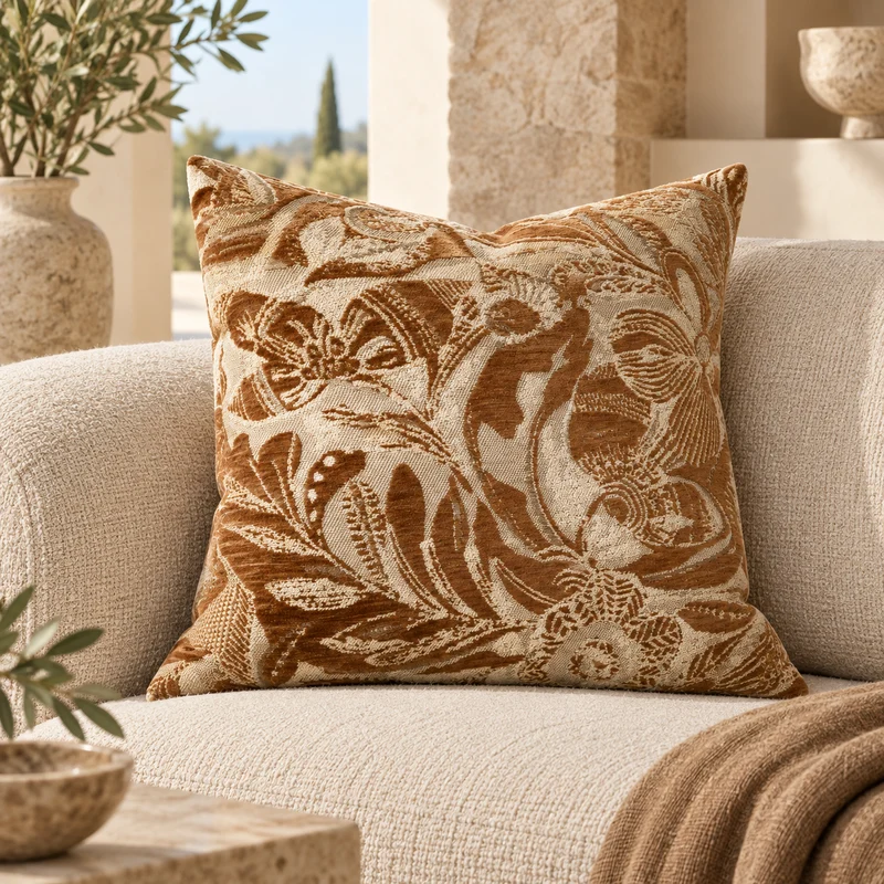 Coussin AMALFI – Floral jacquard terracotta & écru 50x50