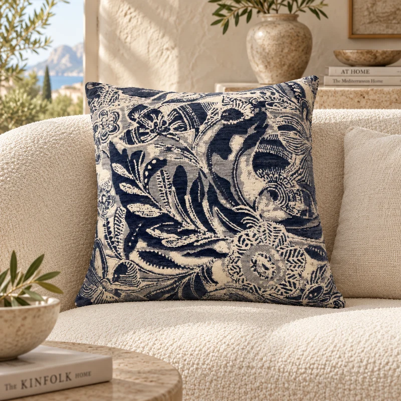 Coussin décoratif bleu indigo et écru – Motif floral 50x50