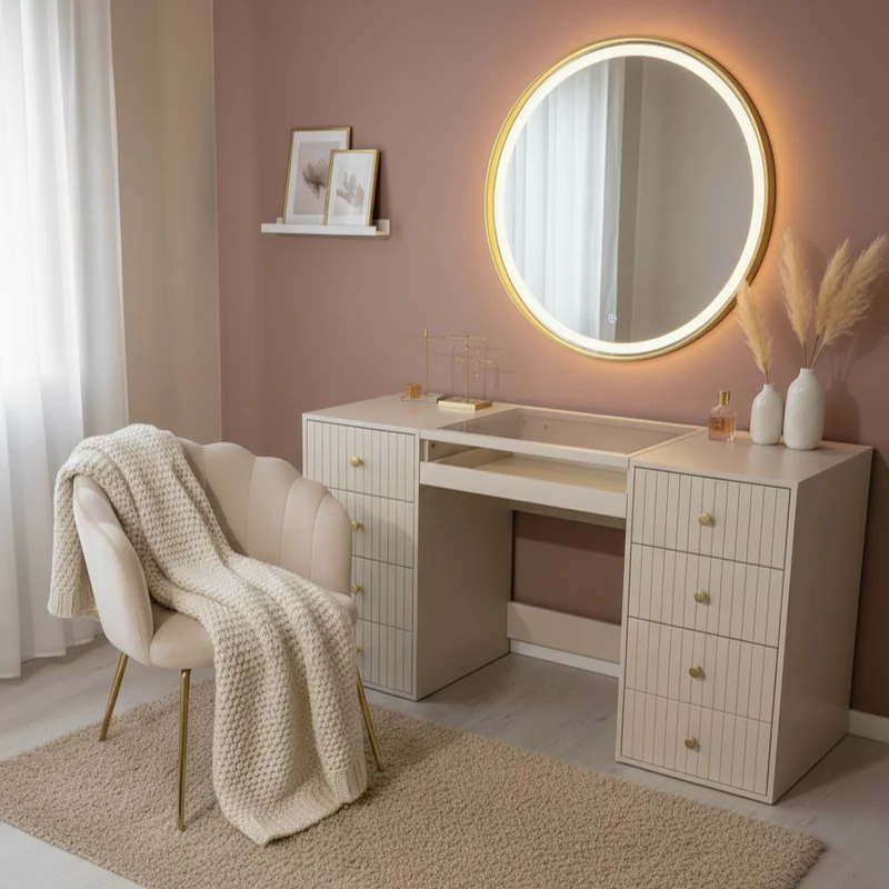 Coiffeuse Home Luxury Beige DIVA 150 cm avec 8 Tiroirs