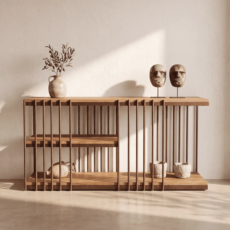Console Barreaux Corten et plateaux Teck