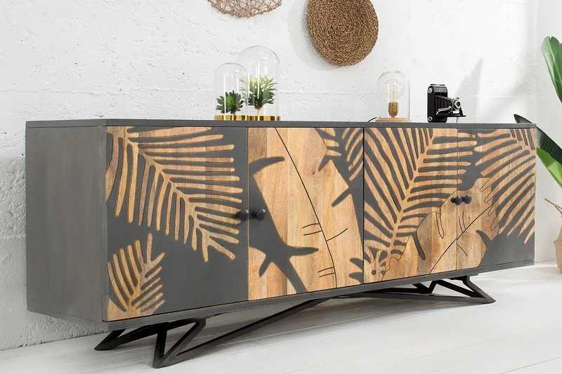 Buffet massif TROPICAL 160cm bois de manguier gris design floral bohème structure métal
