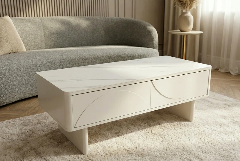 Design table basse SAVOY 120cm cachemire blanc céramique marbre avec tiroirs