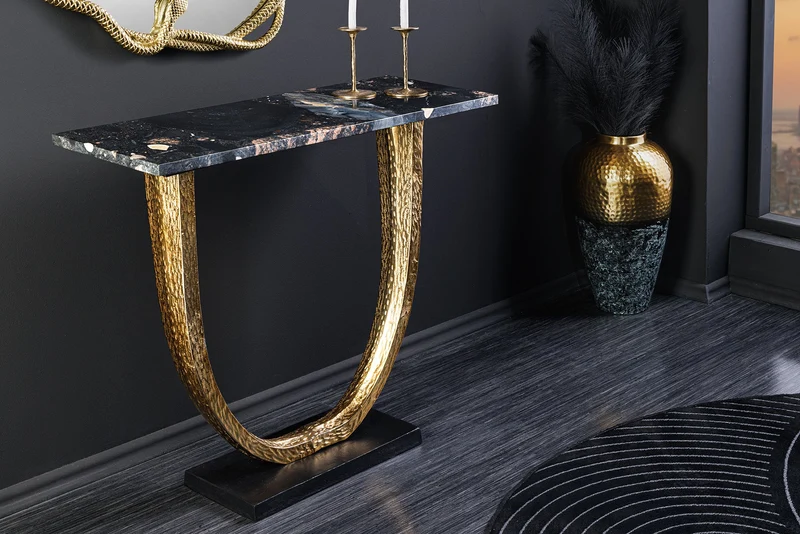 Console artisanale OMEGA 80cm marbre noir métal doré