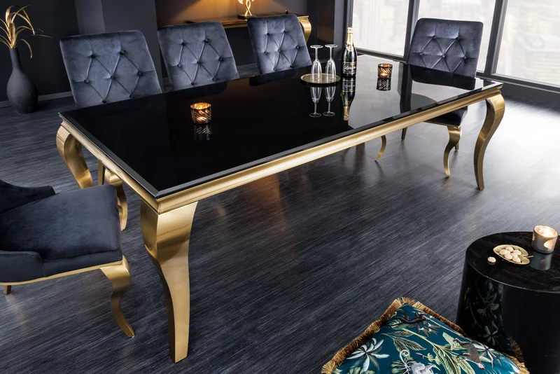 Table à manger au design élégant et moderne de style baroque, 200 cm, plateau en acier inoxydable noir et or, verre opale