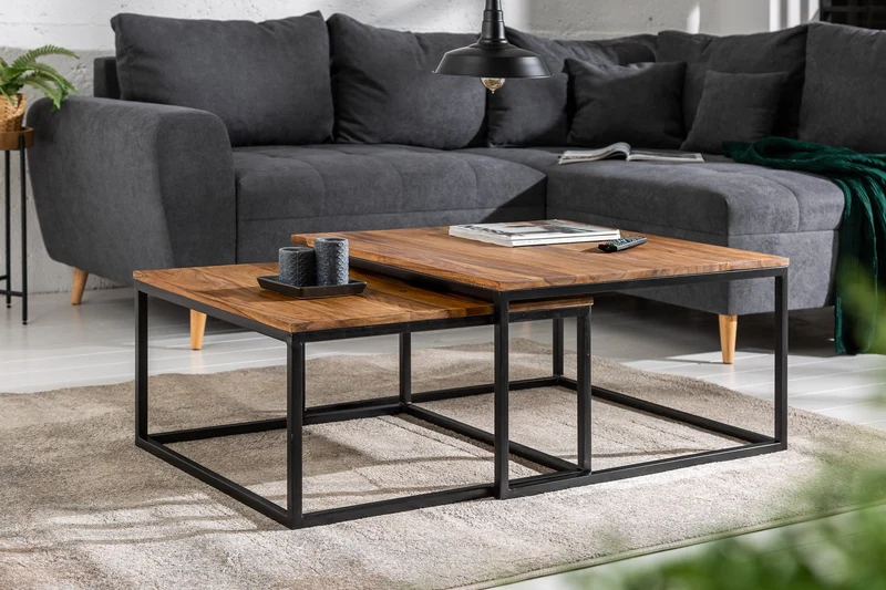 Lot de 2 tables basses ELEMENTS 65cm bois massif sheesham marron finition pierre fer noir