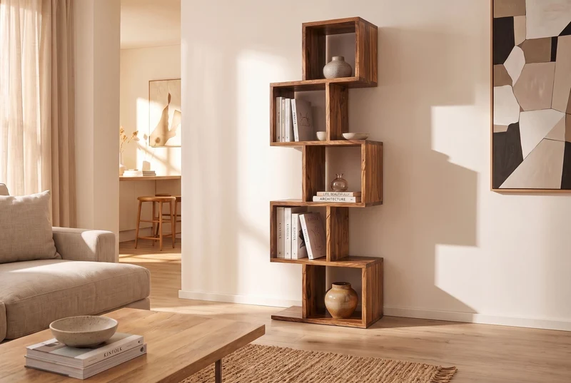 Etagère cube massive MAKASSAR 150cm marron finition pierre Sheesham grain unique