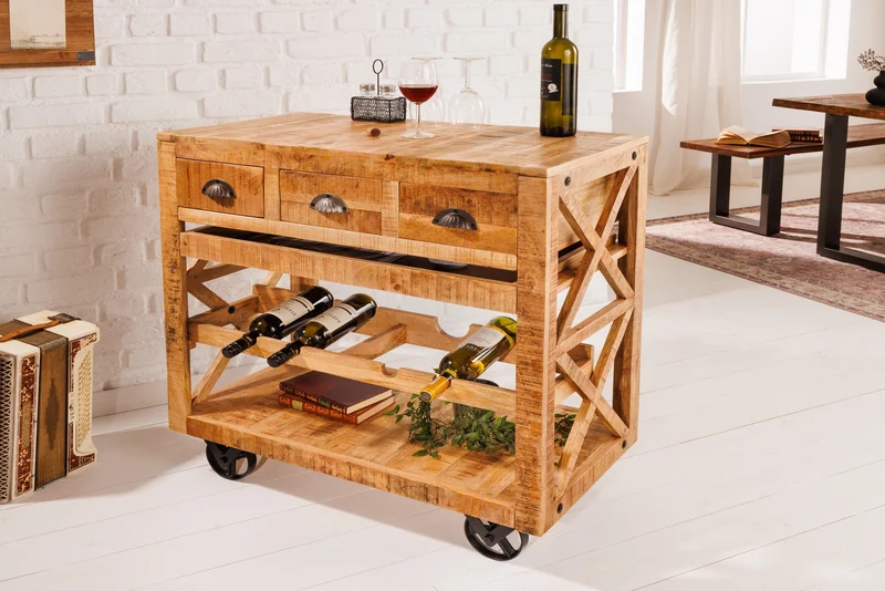 Meuble bar industriel BODEGA Chariot de service en manguier 86 cm avec casier à vin