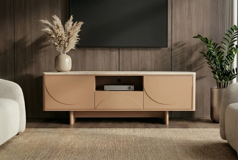 Design TV Board SAVOY 150cm grau beige greige Travertin Keramik mit Schublade 3D-Front