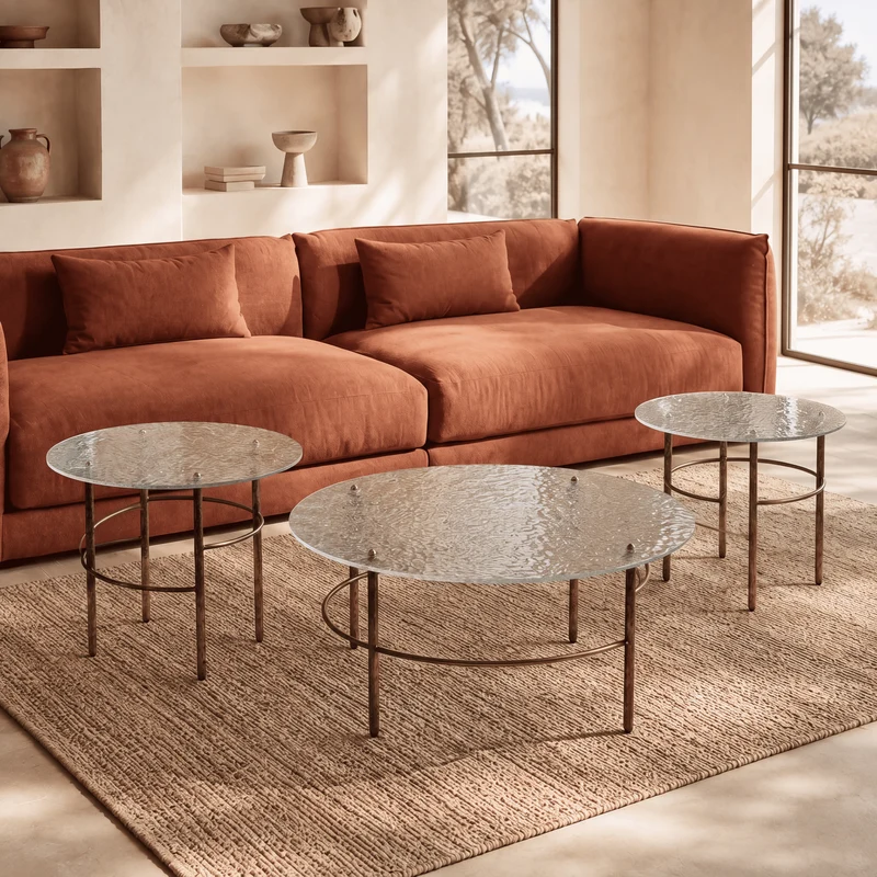 Trio de tables basses BULLE en verre bullé et métal bronze
