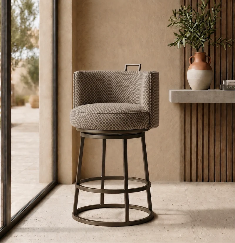 Tabouret pivotant Dana tissu quadrillé marron et noir