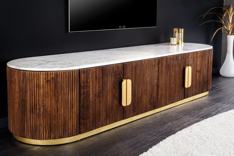 Meuble TV design GATSBY 170cm marron doré manguier dessus marbre blanc