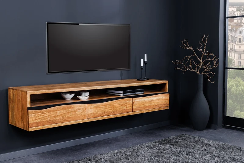 Buffet TV suspendu MAMMUT 160cm acacia marron finition miel bord d’arbre en bois massif
