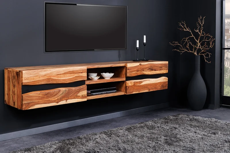 Meuble TV suspendu AMAZONAS 160cm bois massif sheesham marron bord d’arbre métal noir