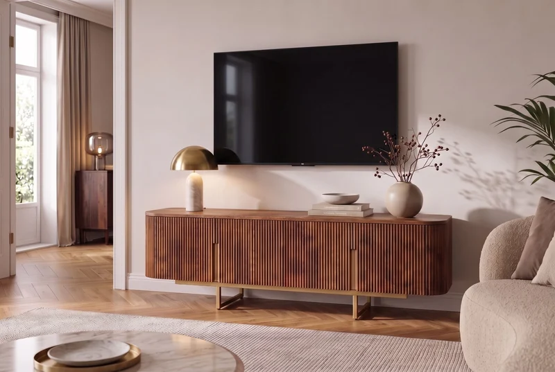 Tableau TV design GATSBY 160cm marron mat doré bois de manguier rétro