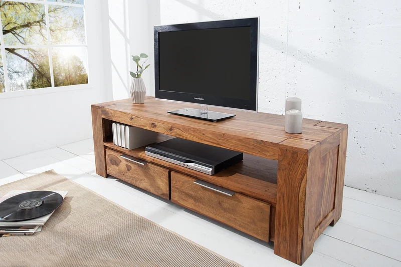 Meuble TV massif MAKASSAR 130cm marron finition pierre Sheesham lowboard deux tiroirs
