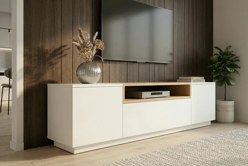 Meuble TV moderne LOFT 160cm blanc naturel trois compartiments avec tiroir