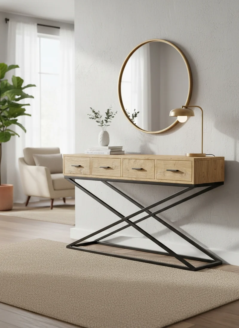 Console teck 4 tiroirs pieds X