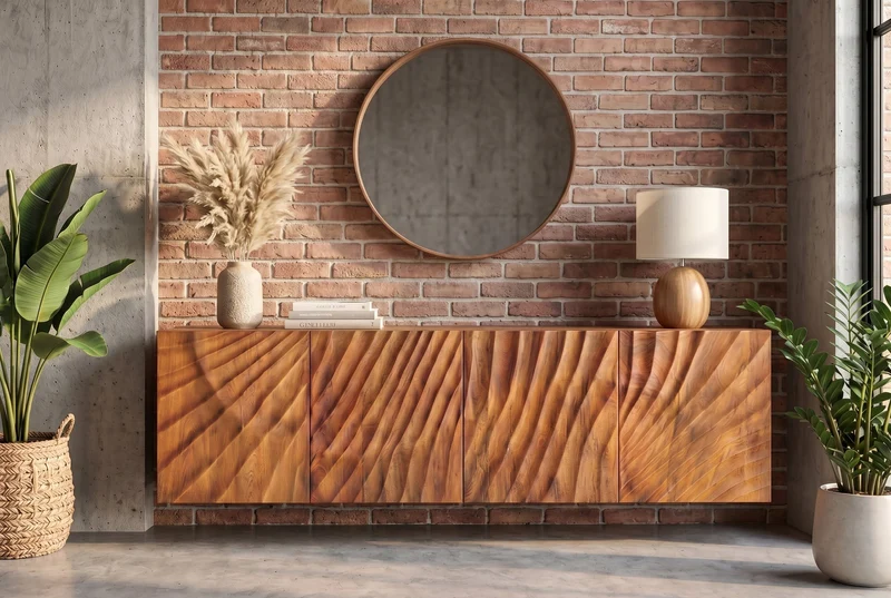 Buffet massif SCORPION 180cm marron suspendu en manguier avec sculptures 3D