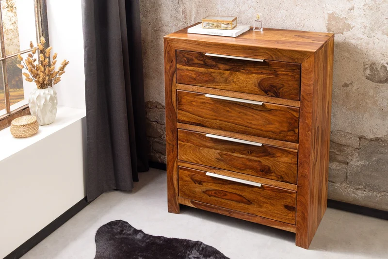 Commode en bois massif PURE 100cm finition pierre marron Sheesham avec quatre tiroirs