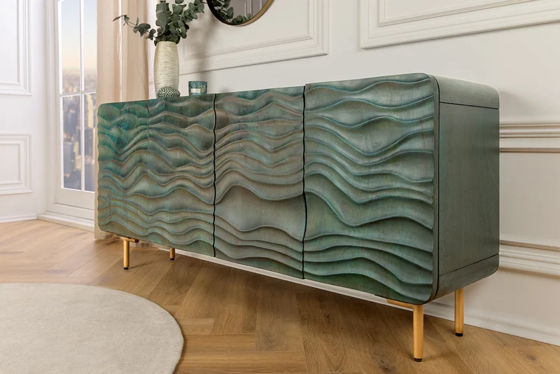 Buffet design WAVE 160cm bois de manguier turquoise bois massif pieds métal doré mat