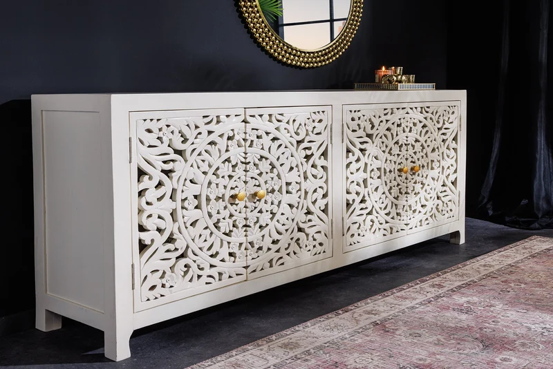 Buffet massif MARRAKESCH 170cm en manguier blanc avec décoration faite main