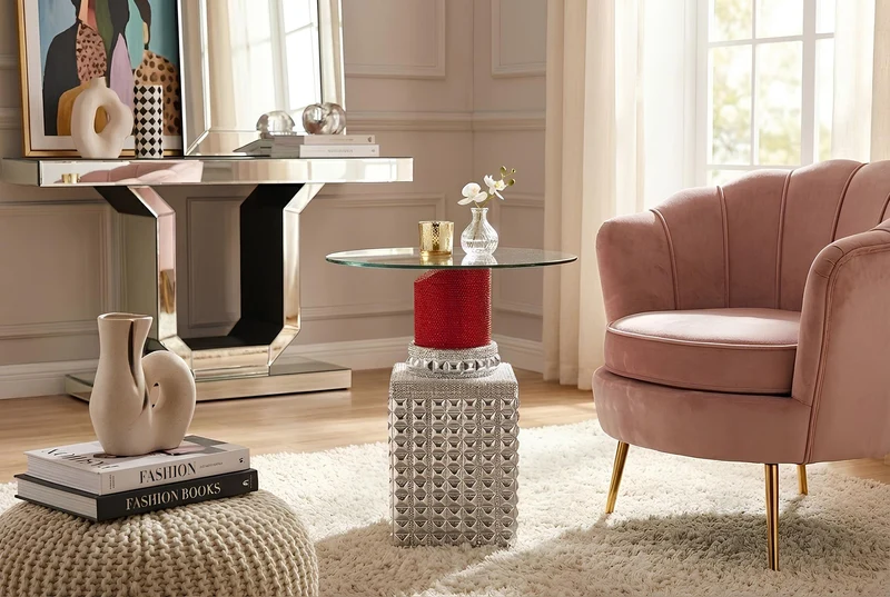 Table bistrot faite main LIPSTICK 75cm plateau rond rouge argent verre