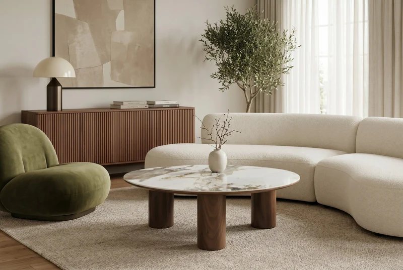 Table basse élégante ORGANIKO 110cm blanc marron noyer Pandora céramique