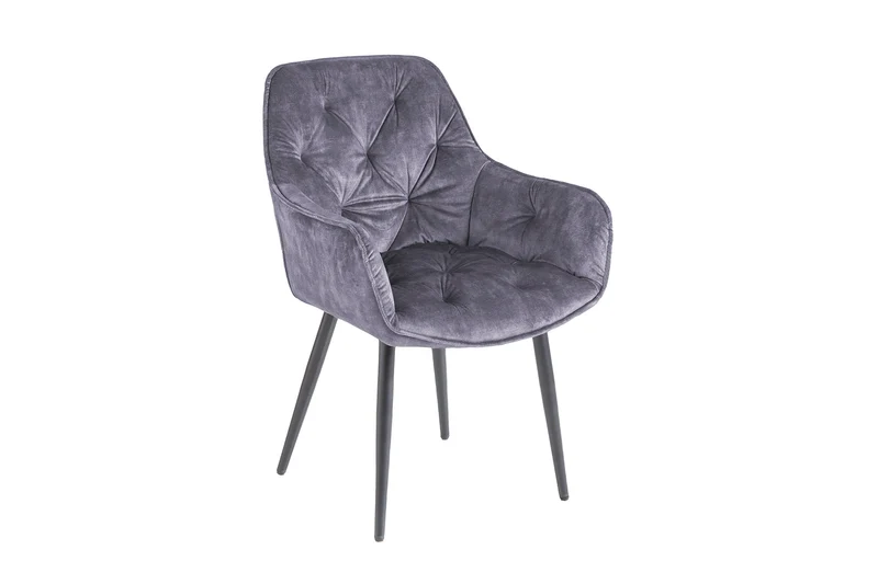 Chaise design MILANO en velours gris avec accoudoirs matelassés décoratifs et pieds en métal noir rembourrés