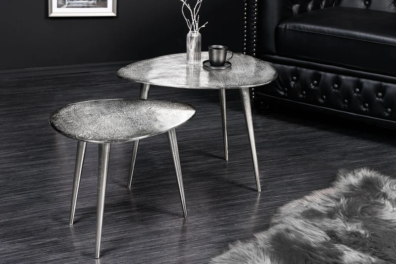 Lot de 2 tables basses ELEMENTS 50cm métal argenté fait main