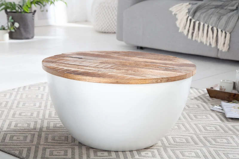 Table basse ronde INDUSTRIAL STORAGE 60cm blanche en bois de manguier naturel avec espace de rangement fait main
