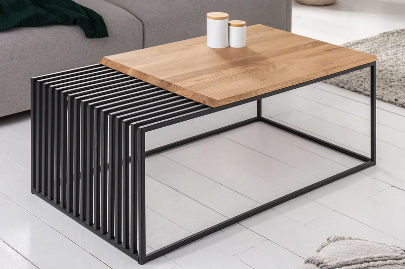 Table basse en bois massif ARCHITECTURE 100cm chêne huilé structure métal noir
