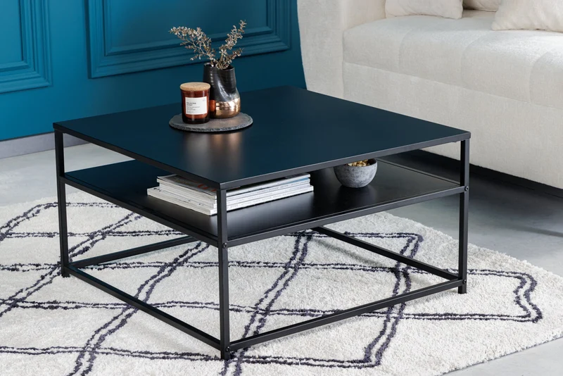 Table basse moderne DURA STEEL 70cm en métal noir avec compartiment de rangement