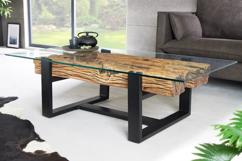 Table basse design BARRACUDA 130cm bois de teck recyclé plateau verre acier inoxydable noir industriel