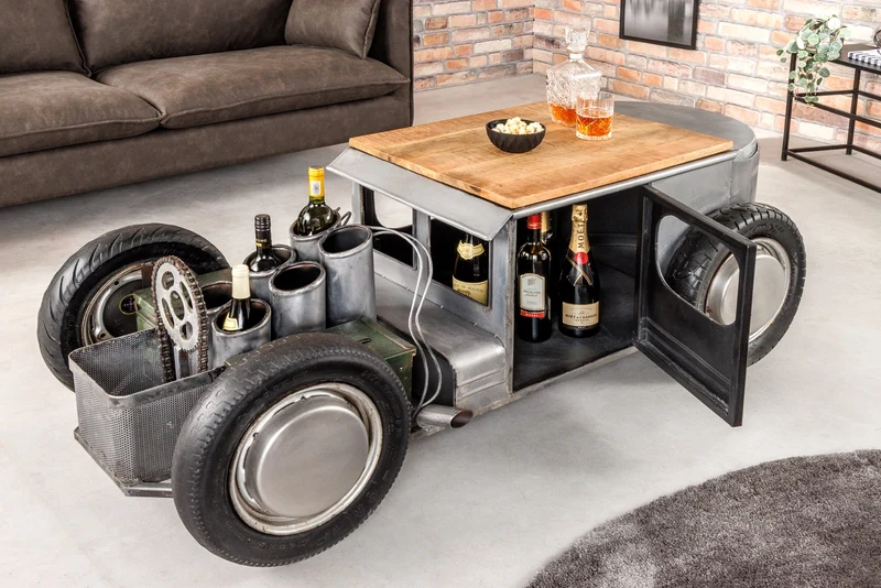 Table basse vintage HOT ROD 160cm acier bois de manguier avec espace de rangement porte bouteille massif