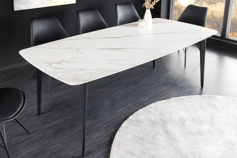 Table à manger MILANO 160 cm marbre blanc céramique structure métal noir