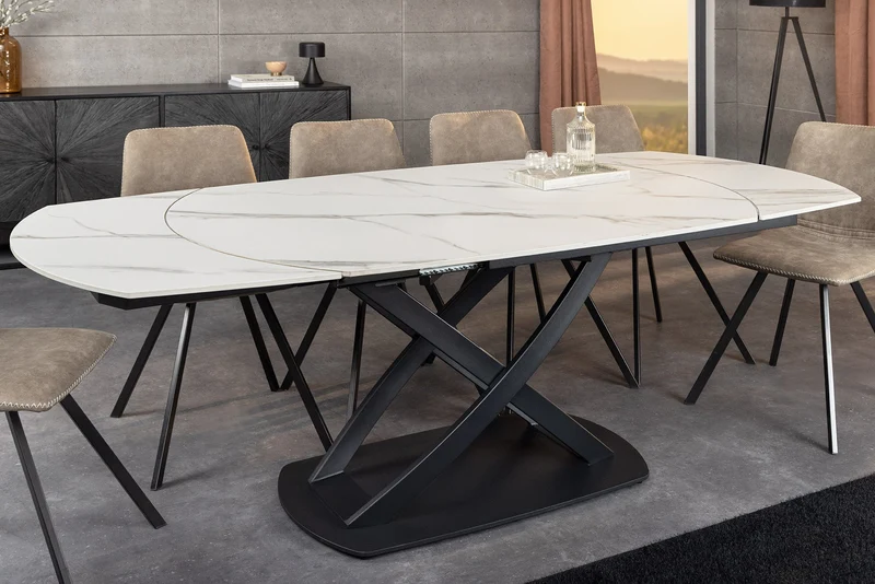 Table à manger extensible INCEPTION 130-190cm marbre blanc céramique structure métal noir