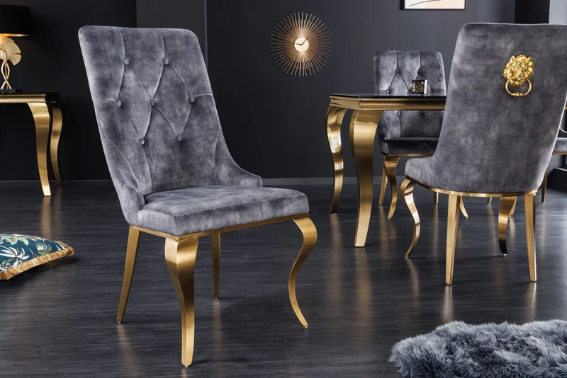 Lot de 2x chaises élégante de style baroque moderne en velours gris avec tête de lion dorée