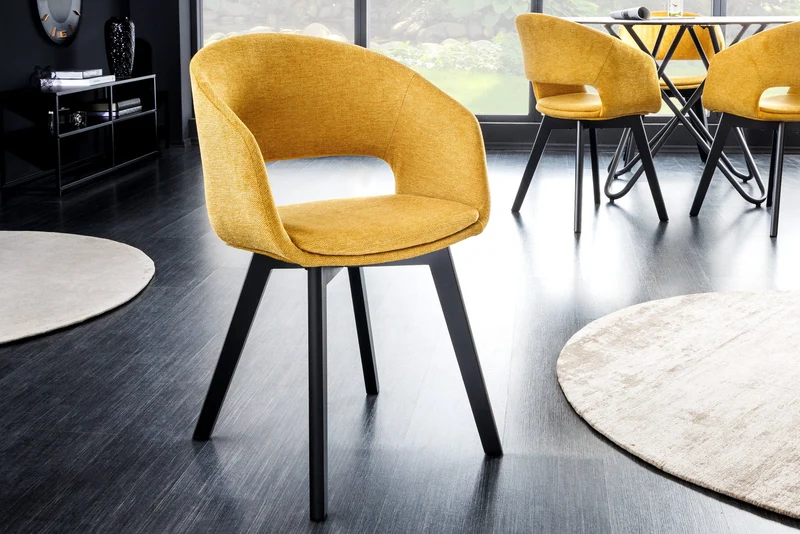 Lot de 2x chaises design NORDIC STAR tissu structuré jaune moutarde bois massif noir avec accoudoirs rembourrés