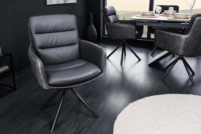Chaise design pivotante BIG GEORGE noir anthracite cuir véritable microfibre avec accoudoirs