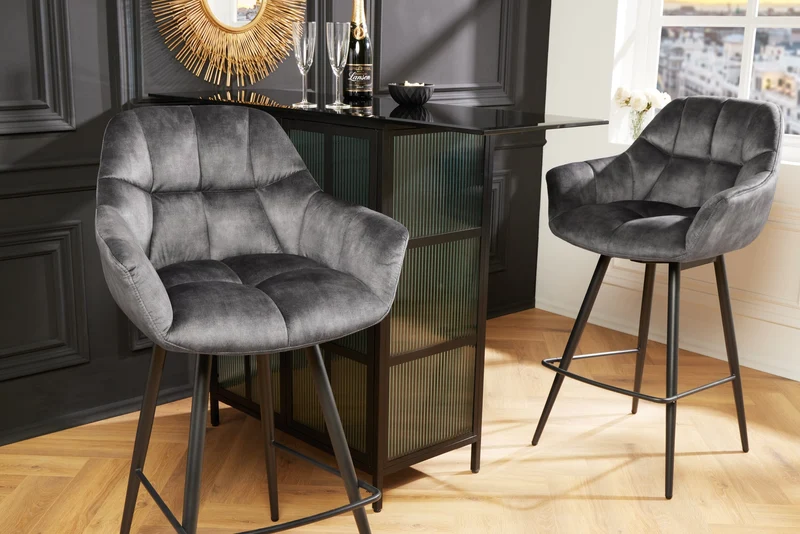 Lot de 2x chaises pivotante PAPILLON velours gris pieds métal noir accoudoirs