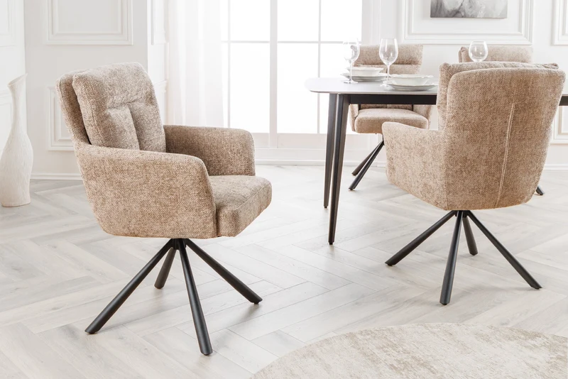 Lot de 2x chaises pivotante BIG GEORGE en tissu texturé beige avec accoudoirs en métal noir