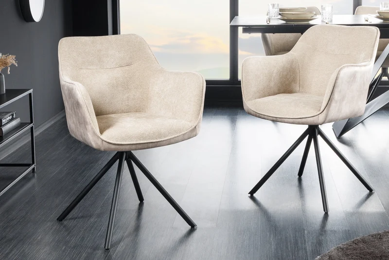 Lot de 2x chaises pivotante VERONA tissu texturé velours beige champagne avec accoudoirs pieds métal noir