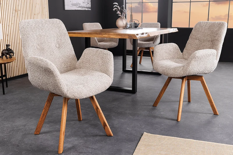 Lot de 2x chaises design pivotante BALTIC beige Bouclé pieds en bois massif de chêne naturel avec accoudoirs