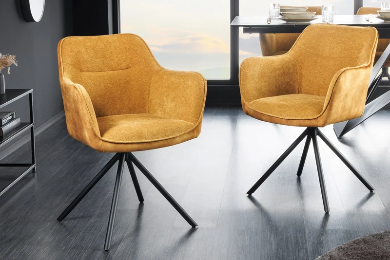 Lot de 2x chaises pivotante VERONA en tissu texturé velours jaune moutarde avec accoudoirs et pieds en métal noir