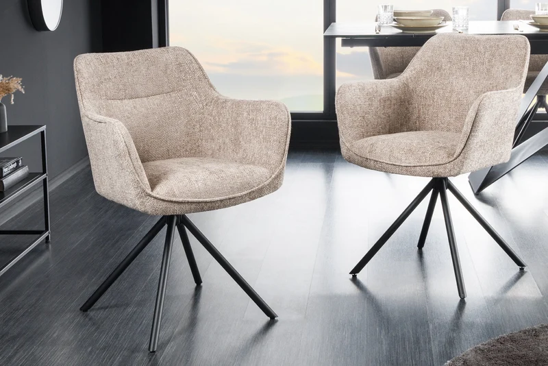 Lot de 2x chaises pivotante VERONA en tissu texturé beige champagne avec accoudoirs et pieds en métal noir