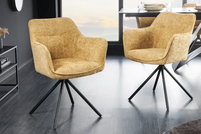 Lot de 2x chaises pivotante VERONA en tissu texturé jaune moutarde avec accoudoirs et pieds en métal noir