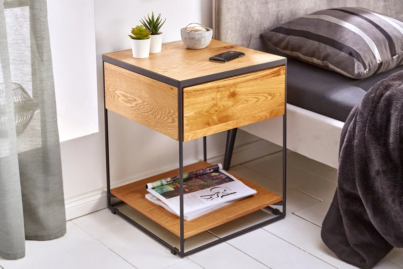 Table d'appoint moderne SCORPION 50cm design chêne sauvage table de chevet en métal avec tiroir