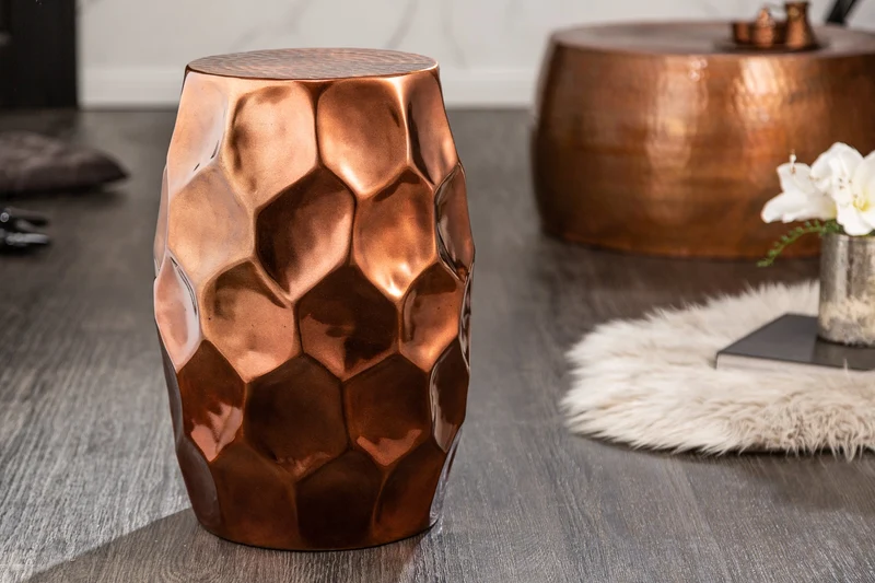 Table d'appoint artisanale ORGANIC ORIENT 50cm métal cuivré martelé design nid d'abeille ronde