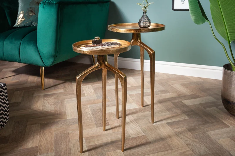 Lot de 2 tables d'appoint ABSTRACT 60cm métal doré rondes design Shabby Chic